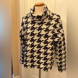 Elegant Black and White Houndstooth Cowl Neck Sweater